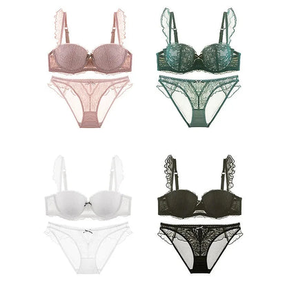 Délicatesse Française – Ensemble Lingerie Sexy en Dentelle : Soutien-Gorge Push-Up et Culotte Brodée