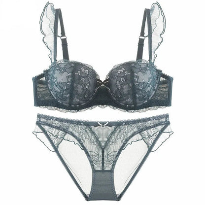 Délicatesse Française – Ensemble Lingerie Sexy en Dentelle : Soutien-Gorge Push-Up et Culotte Brodée