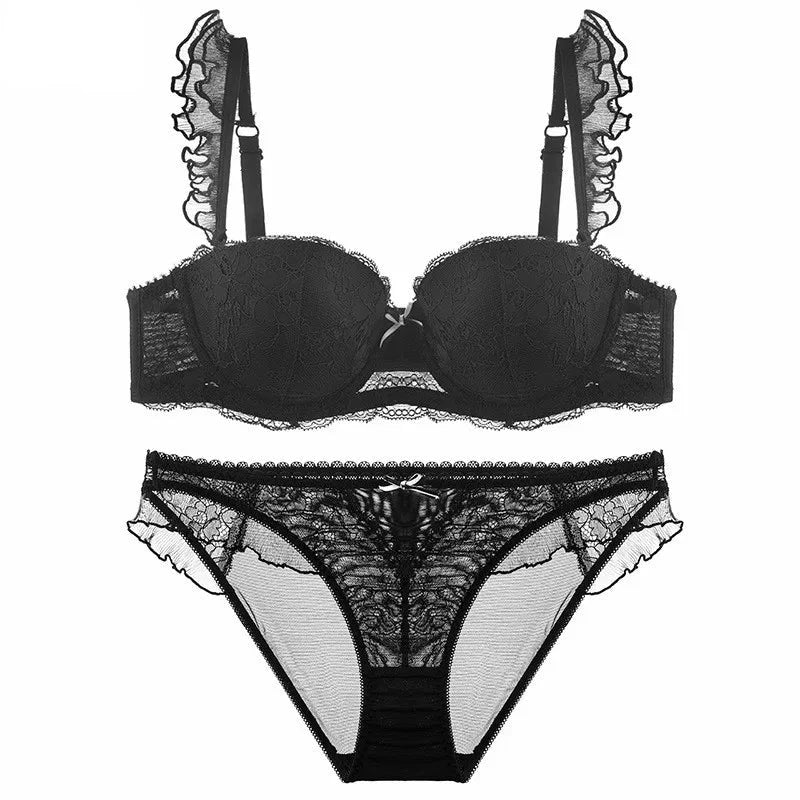 Délicatesse Française – Ensemble Lingerie Sexy en Dentelle : Soutien-Gorge Push-Up et Culotte Brodée