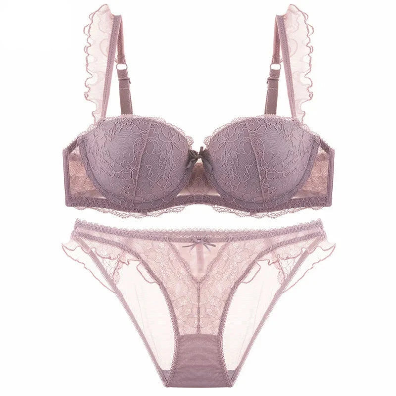 Délicatesse Française – Ensemble Lingerie Sexy en Dentelle : Soutien-Gorge Push-Up et Culotte Brodée