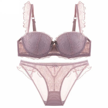 Délicatesse Française – Ensemble Lingerie Sexy en Dentelle : Soutien-Gorge Push-Up et Culotte Brodée