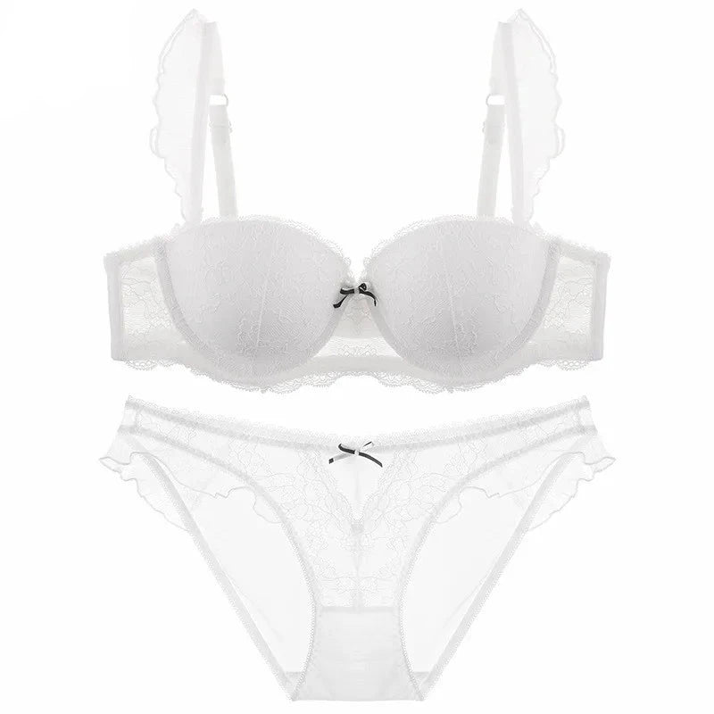 Délicatesse Française – Ensemble Lingerie Sexy en Dentelle : Soutien-Gorge Push-Up et Culotte Brodée