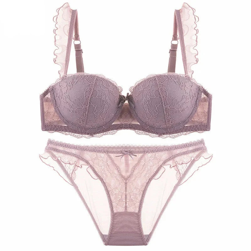 Délicatesse Française – Ensemble Lingerie Sexy en Dentelle : Soutien-Gorge Push-Up et Culotte Brodée