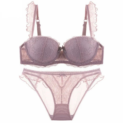 Délicatesse Française – Ensemble Lingerie Sexy en Dentelle : Soutien-Gorge Push-Up et Culotte Brodée