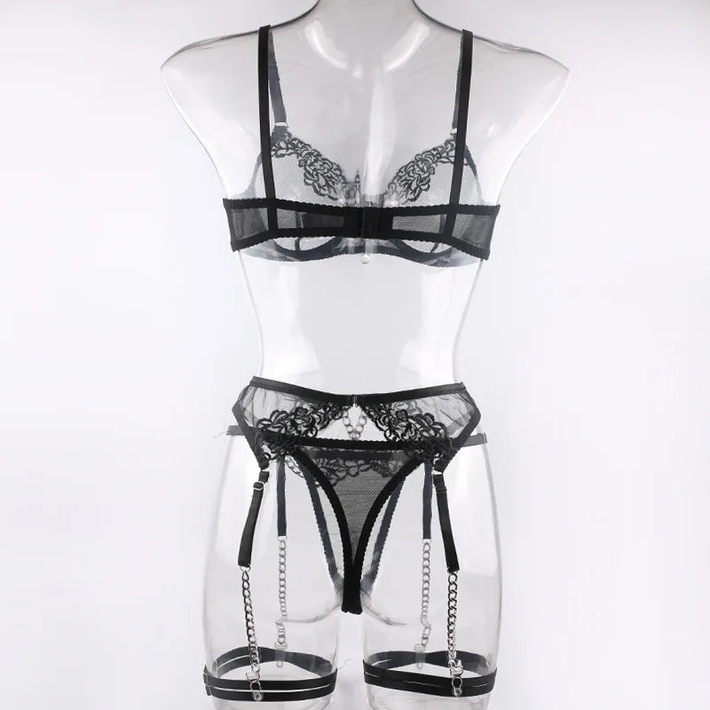 Lingerie de Luxe – Ensemble Sexy 4 Pièces en Dentelle Transparente et Raffinée