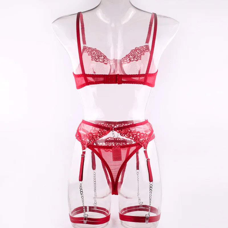 Lingerie de Luxe – Ensemble Sexy 4 Pièces en Dentelle Transparente et Raffinée