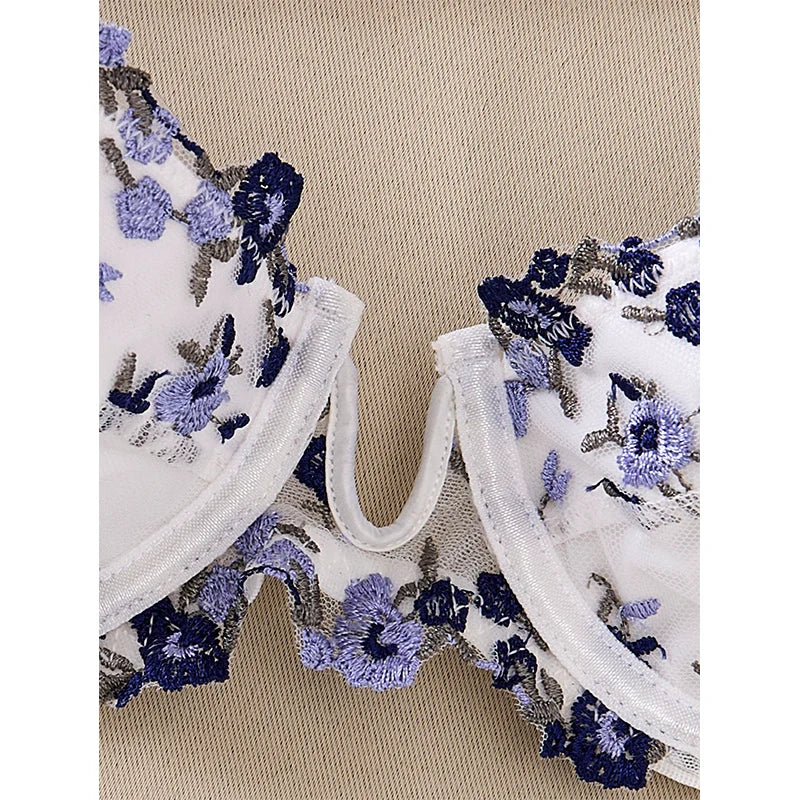 Fleur de Désir – Ensemble Lingerie Sexy Brodé 2 Pièces avec Soutien-Gorge Push-Up et Culotte Transparente