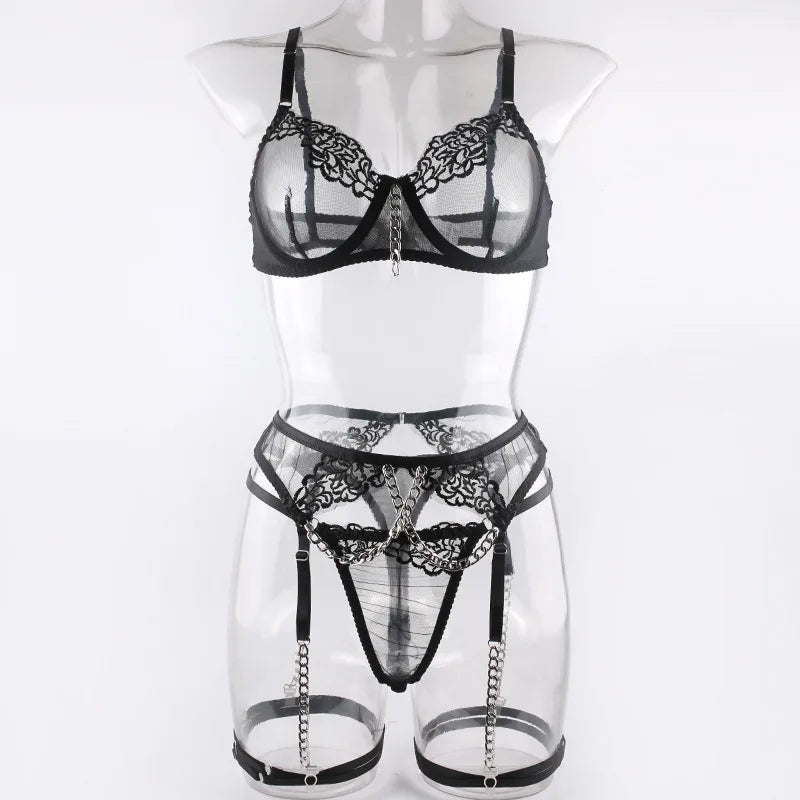 Lingerie de Luxe – Ensemble Sexy 4 Pièces en Dentelle Transparente et Raffinée