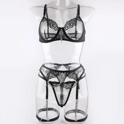 Lingerie de Luxe – Ensemble Sexy 4 Pièces en Dentelle Transparente et Raffinée